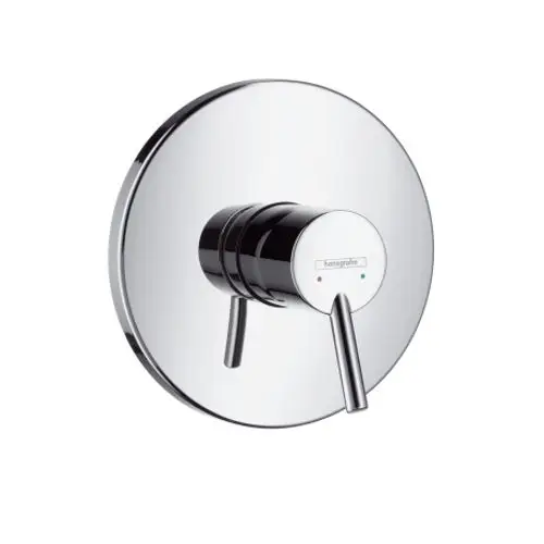 Ein Unterputz-Brausemischer in Chrom-Optik mit zwei Drehknöpfen zur Temperatur- und Wassersteuerung, produziert von Hansgrohe.